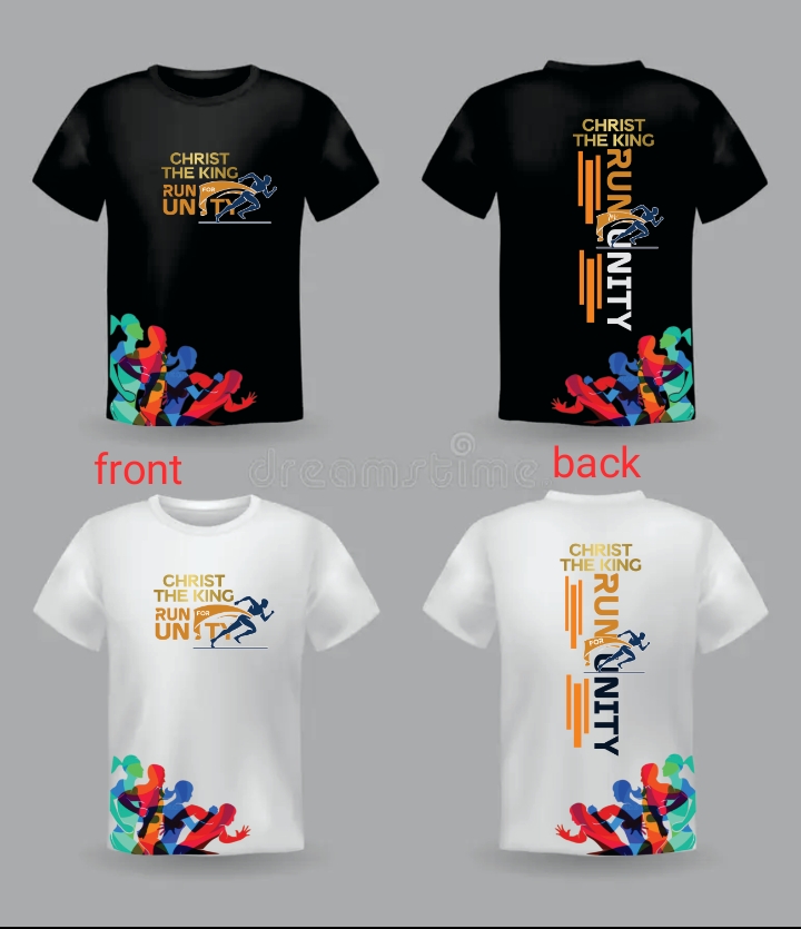 Christ The King Run Unity official event t-shirt design featuring runner silhouettes and colorful wave patterns